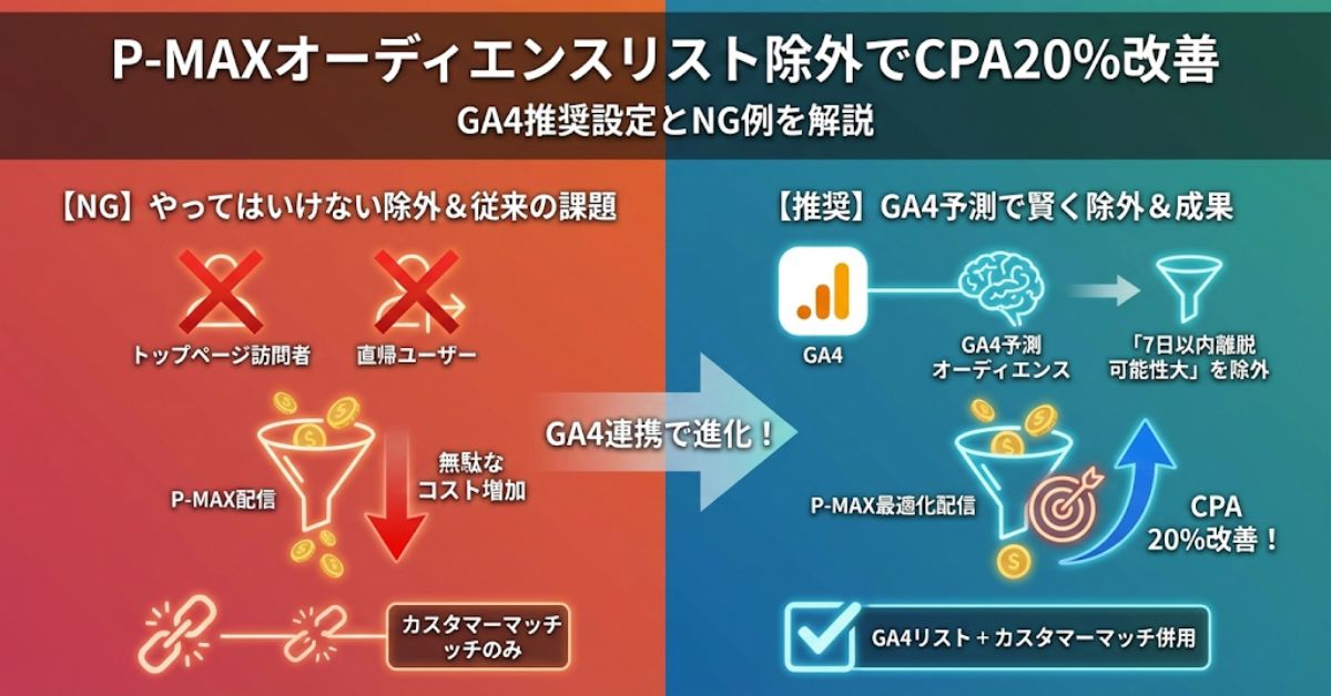 P-MAXオーディエンスリスト除外でCPA20%改善！？GA4のオーディエンス